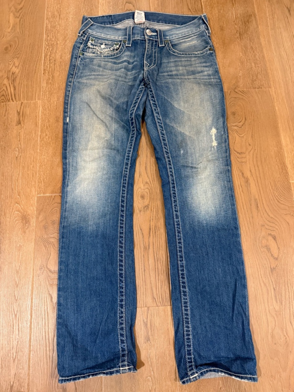 True Religion Men's Medium Blue Straight Jeans with Faded Detailing